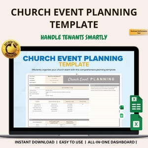 May include: A laptop screen shows a church event planning template. The template includes fields for information, tasks, responsibilities, deadlines, and status. Text on the screen reads "Church Event Planning Template." The image also includes the text "Instant Download | Easy to Use | All-in-One Dashboard."