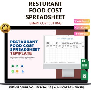 May include: A laptop screen displays a restaurant food cost spreadsheet template. The screen shows the text "Restaurant Food Cost Spreadsheet Template" and "Smart Cost Cutting". Additional text includes "Instant Download | Easy to Use | All-in-One Dashboard".