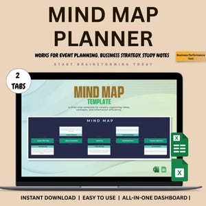 May include: A laptop screen displays a mind map template with the words "MIND MAP PLANNER." The template is designed for event planning, business strategy, and study notes. The screen shows a mind map with various categories and the text "INSTANT DOWNLOAD | EASY TO USE | ALL-IN-ONE DASHBOARD |."