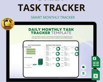 May include: A laptop screen displaying a "Daily Task Tracker" template. The screen shows charts and graphs for tracking tasks, with the text "Daily Monthly Task Tracker Template". The image also includes the text "Instant Download | Easy to Use | All-in-One Dashboard".