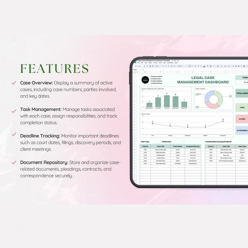 May include: A digital legal case management dashboard displayed on a tablet. The screen shows charts, graphs, and data tables. Text on the screen includes "FEATURES", "Case Overview", "Task Management", "Deadline Tracking", and "Document Repository".