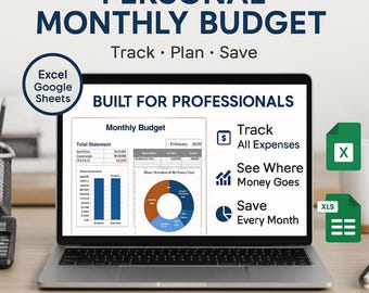 May include: A laptop displaying a "Personal Monthly Budget" template. The screen shows charts and graphs for tracking income, expenses, and savings. Text includes "Track, Plan, Save" and "Built for Professionals."