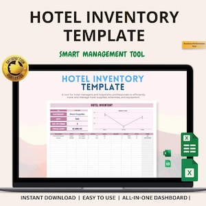Peut inclure: Un écran d'ordinateur portable affiche un modèle d'inventaire hôtelier. L'écran montre une feuille de calcul avec des champs pour la catégorie, la quantité et le coût total. Le texte "HOTEL INVENTORY TEMPLATE" est en haut. Le texte "INSTANT DOWNLOAD | EASY TO USE | ALL-IN-ONE DASHBOARD |" est également visible.