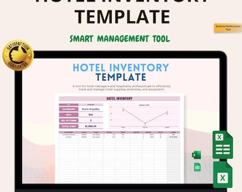 Puede incluir: Una pantalla de portátil muestra una plantilla de inventario de hotel. La pantalla muestra una hoja de cálculo con campos para categoría, cantidad y coste total. El texto "HOTEL INVENTORY TEMPLATE" está en la parte superior. También se ve el texto "INSTANT DOWNLOAD | EASY TO USE | ALL-IN-ONE DASHBOARD |".