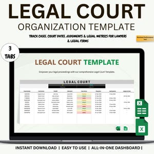 Peut inclure: Un écran d'ordinateur affiche un "LEGAL COURT ORGANIZATION TEMPLATE" pour le suivi des affaires juridiques, des dates d'audience et des jugements. Le modèle comprend une feuille de calcul avec les détails des affaires. Le texte indique "TÉLÉCHARGEMENT INSTANTANÉ | FACILE À UTILISER | TABLEAU DE BORD TOUT-EN-UN."