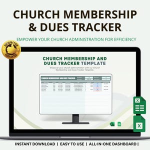 Puede incluir: Una computadora portátil muestra una plantilla de seguimiento de membresías y cuotas de la iglesia. La pantalla muestra una hoja de cálculo con columnas para la información de los miembros. El texto en la parte superior dice "CHURCH MEMBERSHIP & DUES TRACKER". La imagen incluye una insignia de "Garantía de satisfacción".