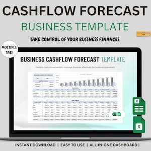 Könnte beinhalten: Ein Laptop-Bildschirm zeigt eine Vorlage für die Cashflow-Prognose eines Unternehmens. Der Bildschirm zeigt eine Tabelle mit Finanzdaten und Diagrammen. Der Text "Cashflow Forecast" ist sichtbar. Das obere Banner lautet "Cashflow Forecast Business Template".