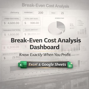 Puede incluir: Un panel de análisis de punto de equilibrio con datos financieros, incluidos los costos fijos y variables, las ventas y las métricas de ganancias. El panel está diseñado para Excel y Google Sheets, para el análisis financiero.