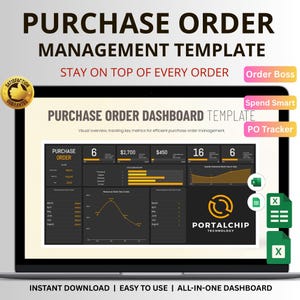 May include: A laptop screen displaying a purchase order dashboard template. The screen shows data visualizations, charts, and key metrics for efficient purchase order management. Text includes "Purchase Order Management Template" and "Instant Download".