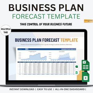 May include: A laptop screen displays a business plan forecast template. The text reads "BUSINESS PLAN FORECAST TEMPLATE" and "TAKE CONTROL OF YOUR BUSINESS FUTURE." The screen shows charts and financial data. Additional text includes "INSTANT DOWNLOAD | EASY TO USE | ALL-IN-ONE DASHBOARD |."