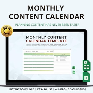 Puede incluir: Una pantalla de portátil muestra una "Plantilla de calendario de contenido mensual". La pantalla muestra un diseño de calendario para la planificación de contenidos. El texto incluye "Planificar contenido nunca ha sido tan fácil" y "Descarga instantánea | Fácil de usar | Panel todo en uno".
