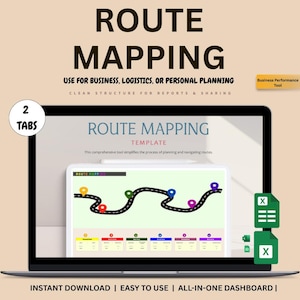 May include: A laptop screen displaying a "Route Mapping" template. The template shows a road with colored location markers. Text on the screen includes "Use for Business, Logistics, or Personal Planning" and "Instant Download | Easy to Use | All-in-One Dashboard".