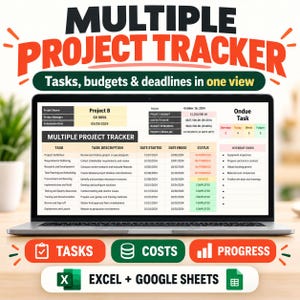 May include: A laptop screen displaying a Multiple Project Tracker spreadsheet with columns for task descriptions, dates, and status. The interface includes sections for project budget, costs, and deadlines, with Excel and Google Sheets icons below.