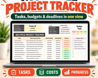 Może przedstawiać: Ekran laptopa wyświetlający arkusz kalkulacyjny do śledzenia wielu projektów z kolumnami na opisy zadań, daty i status. Interfejs zawiera sekcje dotyczące budżetu projektu, kosztów i terminów oraz ikony programów Excel i Google Sheets.