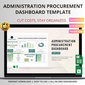 Könnte beinhalten: Ein Laptop-Bildschirm zeigt eine "Administration Procurement Dashboard Template". Die Vorlage enthält Diagramme, Grafiken und Datentabellen. Auf dem Bildschirm steht "Cut Costs, Stay Organized" und "Instant Download | Easy to Use | All-in-One Dashboard."