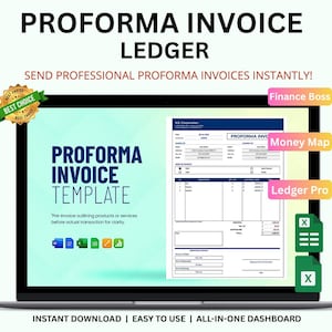 Peut inclure: Un écran d'ordinateur portable affiche un modèle de facture pro forma. L'écran affiche le texte "PROFORMA INVOICE LEDGER" et "SEND PROFESSIONAL PROFORMA INVOICES INSTANTLY!". Le texte supplémentaire comprend "PROFORMA INVOICE TEMPLATE" et "INSTANT DOWNLOAD | EASY TO USE | ALL-IN-ONE DASHBOARD".