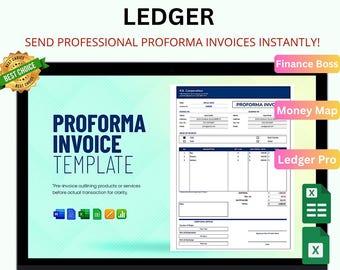May include: A laptop screen displays a proforma invoice template. The screen shows the text "PROFORMA INVOICE LEDGER" and "SEND PROFESSIONAL PROFORMA INVOICES INSTANTLY!". Additional text includes "PROFORMA INVOICE TEMPLATE" and "INSTANT DOWNLOAD | EASY TO USE | ALL-IN-ONE DASHBOARD".