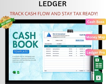 May include: A laptop screen displays a cash book accounting ledger template. The screen shows a cash book template with the text "CASH BOOK" and "TEMPLATE". The text "TRACK CASH FLOW AND STAY TAX READY!" is also visible. The screen also displays a spreadsheet with financial data.