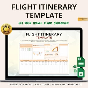 May include: A laptop displays a "FLIGHT ITINERARY TEMPLATE" with a detailed schedule for travel plans. The screen shows flight details, layovers, and travel plans. The text includes "INSTANT DOWNLOAD | EASY TO USE | ALL-IN-ONE DASHBOARD". A gold "SATISFACTION GUARANTEE" seal is in the corner.