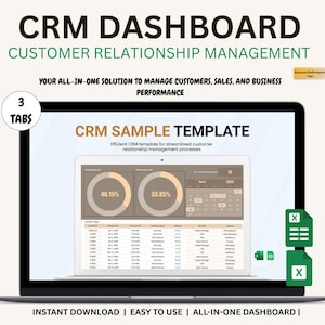 Puede incluir: Una pantalla de portátil que muestra un panel de CRM con el texto "CRM DASHBOARD" y "CUSTOMER RELATIONSHIP MANAGEMENT". La pantalla muestra una plantilla de muestra con visualizaciones de datos y un calendario. La imagen también incluye el texto "INSTANT DOWNLOAD | EASY TO USE | ALL-IN-ONE DASHBOARD |."