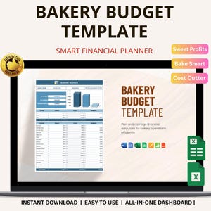 Könnte beinhalten: Ein Laptop-Bildschirm zeigt eine "Bäckerei-Budgetvorlage" mit einer Finanzplaner-Oberfläche. Die Vorlage enthält Diagramme und Tabellen zur Verwaltung der Finanzen der Bäckerei. Text enthält "Smart Financial Planner" und "Sofort-Download".