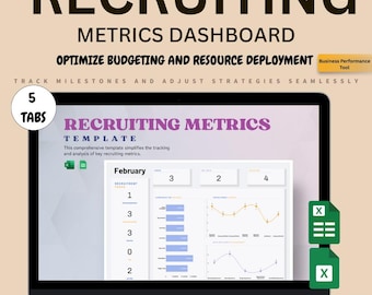 May include: A laptop displays a recruiting metrics dashboard. The screen shows a template with charts and data for February, with the text "Recruiting Metrics Template." The dashboard is designed to optimize budgeting and resource deployment.