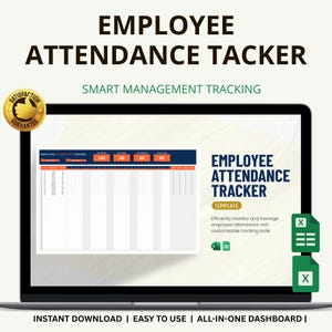 Può includere: Uno schermo di un laptop mostra un modello "EMPLOYEE ATTENDANCE TACKER". Il design include un foglio di calcolo con intestazioni arancioni e blu. Il testo "SMART MANAGEMENT TRACKING" e "INSTANT DOWNLOAD | EASY TO USE | ALL-IN-ONE DASHBOARD |" sono anche visibili.