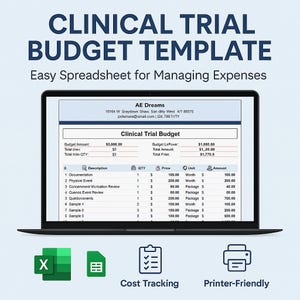 Könnte beinhalten: Ein Laptop zeigt eine Tabellenkalkulation "Clinical Trial Budget Template". Der Bildschirm zeigt eine Budgetaufschlüsselung mit Abschnitten für Dokumentation und Ereignisse. Symbole für Kostenverfolgung und Druckoptionen sind ebenfalls sichtbar.