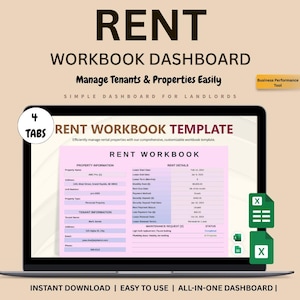 Può includere: Uno schermo di un laptop mostra un modello di "Dashboard del registro di lavoro degli affitti". Il documento rosa e bianco include sezioni per informazioni sulla proprietà e sull'inquilino, dettagli sull'affitto e richieste di manutenzione. Il testo "Manage Tenants & Properties Easily" è visibile.