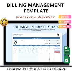 Puede incluir: Una pantalla de portátil muestra una plantilla de gestión de facturación con el texto "Billing Management Template" y "Smart Financial Management". La plantilla incluye una tabla con datos financieros y el texto "Instant Download | Easy to Use | All-in-One Dashboard."