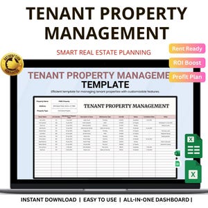 以下が含まれることがあります： 「テナント物件管理」テンプレートを表示するラップトップの画面。画面には物件の詳細が記載されたスプレッドシートが表示されています。「Smart Real Estate Planning」と「Instant Download | Easy to Use | All-in-One Dashboard」というテキストが含まれています。