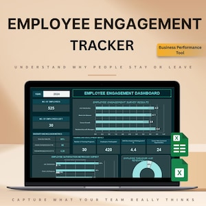 以下が含まれることがあります： ラップトップには、「従業員エンゲージメントトラッカー」のダッシュボードが表示されています。画面には、従業員の満足度や離職率などの指標を含む、棒グラフや円グラフなどのデータ視覚化が表示されています。「Business Performance Tool」というテキストも表示されています。