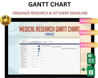 Może przedstawiać: Ekran laptopa wyświetlający szablon "Medical Research Gantt Chart". Wykres służy do śledzenia harmonogramów i kamieni milowych w badaniach medycznych. Tekst zawiera "Zorganizuj badania i dotrzyj do każdego terminu!" oraz "Natychmiastowe pobieranie | Łatwy w użyciu | Panel kontrolny typu wszystko w jednym."