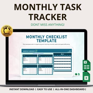 Op de afbeelding: Een laptopscherm met een sjabloon voor "Maandelijkse Taak Tracker". Het scherm toont een turquoise en wit checklistontwerp met de tekst "Maandelijkse Checklist Sjabloon". De afbeelding bevat de tekst "Direct downloaden | Gemakkelijk te gebruiken | Alles-in-één dashboard."