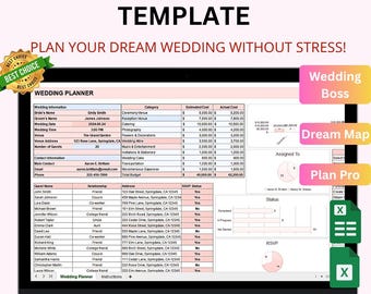 May include: A wedding planner template on a laptop screen, featuring sections for wedding details, guest information, and budget management. The text states "Plan Your Dream Wedding Without Stress!" and "Instant Download | Easy to Use | All-in-One Dashboard."