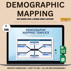 Puede incluir: Una pantalla de portátil muestra una "Plantilla de mapeo demográfico" con visualización de datos. El texto del título dice "Mapeo demográfico" y "Mapear género, raza e ingresos en diferentes ubicaciones". La imagen incluye el texto "Descarga instantánea | Fácil de usar | Panel todo en uno."