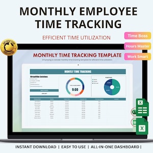 Pode incluir: Um ecrã de computador portátil exibe um modelo mensal de acompanhamento do tempo dos funcionários. O modelo inclui um gráfico circular, tabelas de dados e o texto "Monthly Time Tracking". O texto superior diz "Monthly Employee Time Tracking."