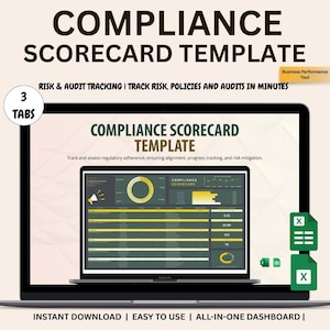 May include: A laptop displaying a "Compliance Scorecard Template" with a dashboard interface. The screen shows charts and data visualizations. Text includes "Risk & Audit Tracking" and "Instant Download". Two green Excel file icons are on the right.