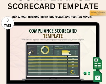 Op de afbeelding: Een laptop met een "Compliance Scorecard Template" met een dashboard-interface. Het scherm toont grafieken en gegevensvisualisaties. Tekst bevat "Risico- en audittracking". Twee groene Excel-bestand pictogrammen staan rechts.