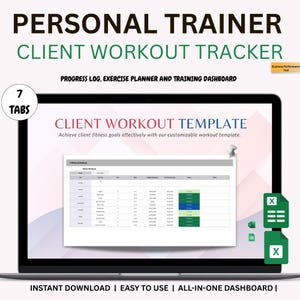Könnte beinhalten: Ein Laptop-Bildschirm zeigt eine "Client Workout Template" für Personal Trainer, mit einem Fortschrittsprotokoll und einem Trainingsplaner. Der Text lautet "Personal Trainer Client Workout Tracker". Das Design umfasst grüne und weiße Akzente.