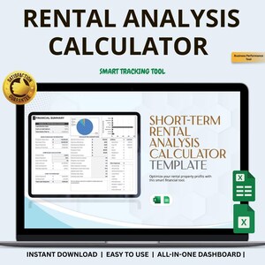 Peut inclure: Un écran d'ordinateur portable affiche un modèle de calculateur d'analyse locative. L'écran montre des données financières, des graphiques et le texte "Rental Analysis Calculator". L'image comprend le texte "Instant Download | Easy to Use | All-in-One Dashboard."