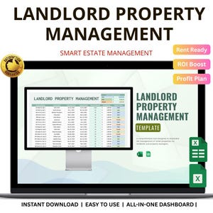 Puede incluir: Una pantalla de portátil muestra una plantilla de "Landlord Property Management". La pantalla muestra una hoja de cálculo con detalles de la propiedad. El texto incluye "Smart Estate Management", "Rent Ready", "ROI Boost" y "Profit Plan". La imagen también incluye el texto "Descarga instantánea | Fácil de usar | Panel todo en uno".