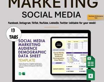 May include: A laptop screen displays a "Social Media Marketing Audience Demographic Data Sheet" template. The image includes the words "Marketing" and "Social Media" in large text. The template is an instant download and easy to use.