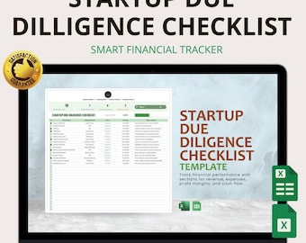 May include: A laptop screen showing a "Startup Due Diligence Checklist" template. The screen displays a spreadsheet with financial categories. Text includes "Smart Financial Tracker" and "Instant Download | Easy to Use | All-in-One Dashboard". A gold "Satisfaction Guarantee" badge is visible.