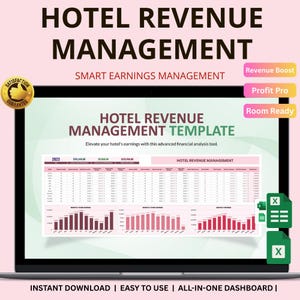 May include: A laptop screen shows a hotel revenue management template. The screen displays a spreadsheet with financial data and charts. The text includes "Hotel Revenue Management" and "Smart Earnings Management". The image also includes the words "Instant Download" and "Easy to Use".