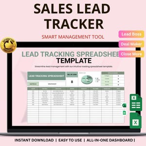 May include: A digital sales lead tracker template displayed on a laptop screen. The template includes a spreadsheet with lead information, a pie chart, and the text "SALES LEAD TRACKER" and "LEAD TRACKING SPREADSHEET TEMPLATE". The image also includes the text "INSTANT DOWNLOAD | EASY TO USE | ALL-IN-ONE DASHBOARD".