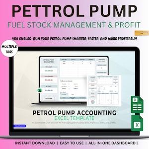 Op de afbeelding: Een laptopscherm toont een spreadsheet met de titel "PETTROL PUMP ACCOUNTING EXCEL TEMPLATE". Het scherm toont financiële gegevens, waaronder omzet, uitgaven en winst. De tekst "FUEL STOCK MANAGEMENT & PROFIT" is zichtbaar boven het scherm. De sjabloon wordt beschreven als een geautomatiseerde Excel-oplossing.