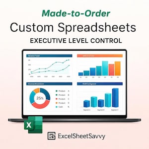 Pode incluir: Um laptop exibindo planilhas personalizadas com gráficos. A tela mostra visualizações de dados, incluindo gráficos de linhas, gráficos de barras e um gráfico de pizza. O texto na tela diz "Made-to-Order Custom Spreadsheets EXECUTIVE LEVEL CONTROL."