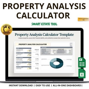 Op de afbeelding: Een laptopscherm met een sjabloon voor een "Property Analysis Calculator". Het toont financiële gegevens, grafieken en de tekst "Direct downloaden | Gemakkelijk te gebruiken | Alles-in-één dashboard". Een gouden "Tevredenheidsgarantie"-badge is zichtbaar.