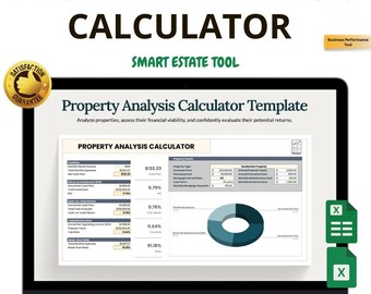 May include: A laptop screen displaying a "Property Analysis Calculator" template. The screen shows financial data, charts, and the text "Instant Download | Easy to Use | All-in-One Dashboard." A gold "Satisfaction Guarantee" badge is in the corner.